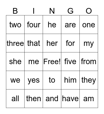 Sight Words Bingo Card