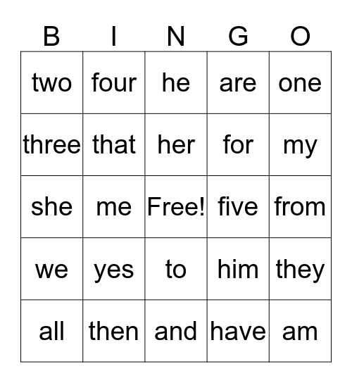 Sight Words Bingo Card