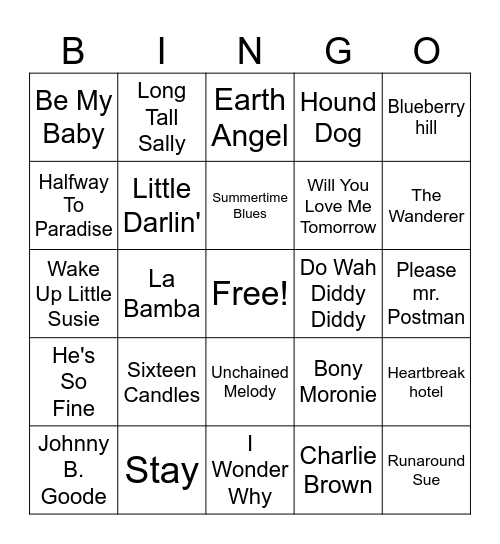 50's/60's Hits Bingo Card