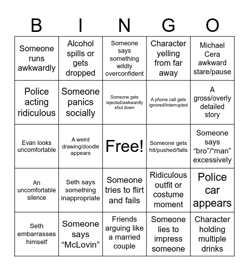 SUPERBAD Bingo Card