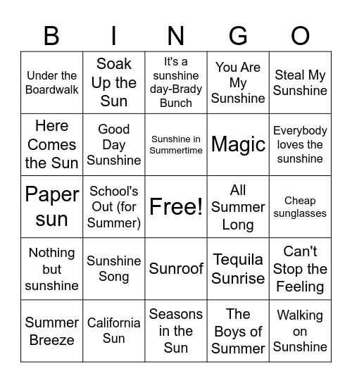 Sunshine & Summer Time Bingo Card