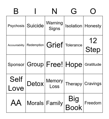 Recovery Bingo Card