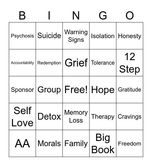Recovery Bingo Card