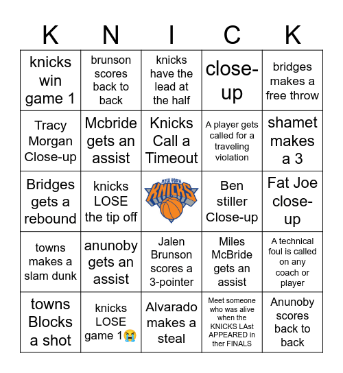 KNICKS GAME 1 WATCH Party Bingo Card