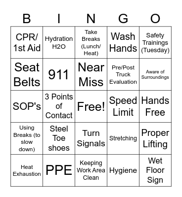 Safety Bingo! Bingo Card