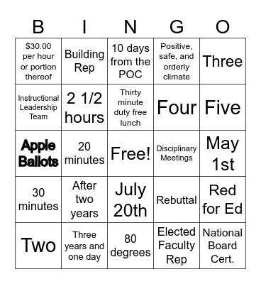 New Educator Bingo Card