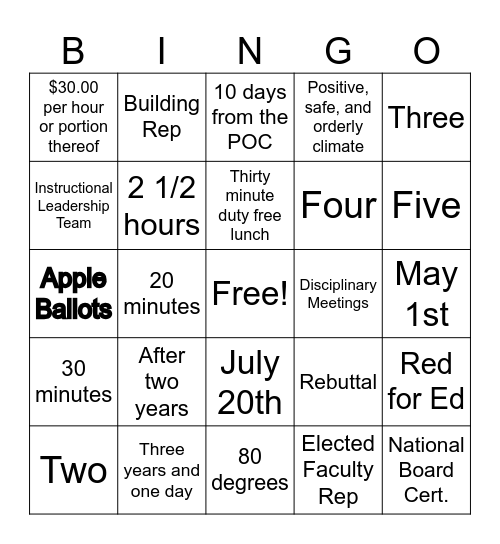New Educator Bingo Card
