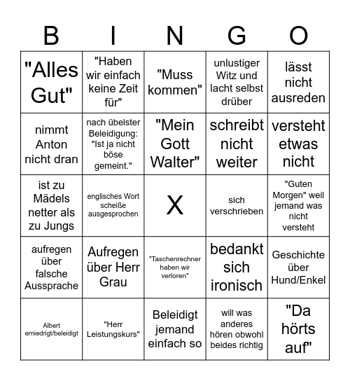 Gläßer Unterricht Bingo Karte Bingo Card