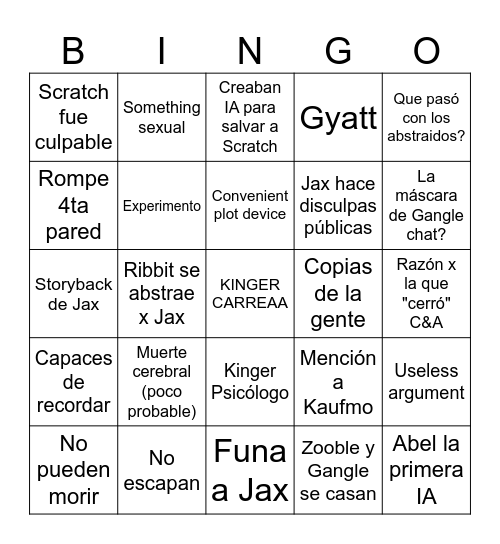 The Amazing Digital Circus EP1 Bingo Card