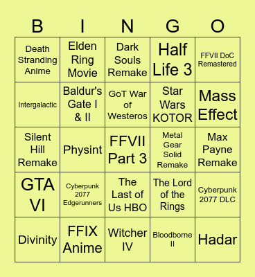 Summer Game Festival Bingo Card