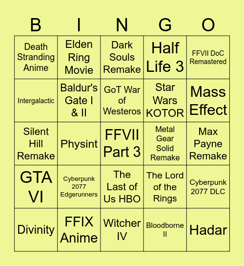 Summer Game Festival Bingo Card