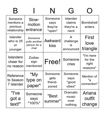 Love Island USA Season 8 Bingo Card