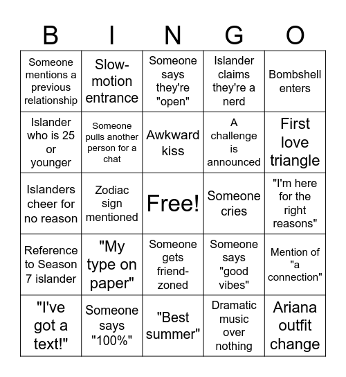 Love Island USA Season 8 Bingo Card