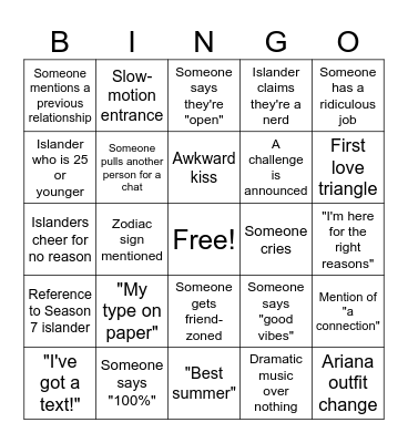 Love Island USA Season 8 Bingo Card
