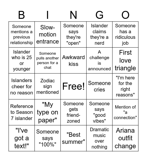 Love Island USA Season 8 Bingo Card