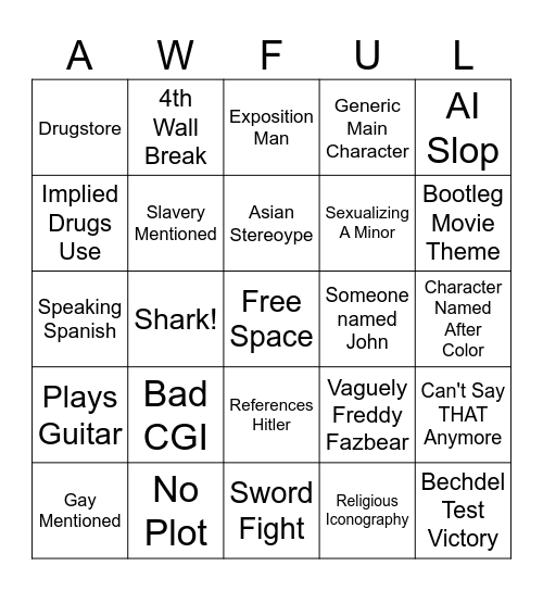 Bad Movie Bingo Card