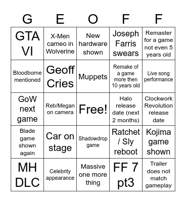E3 Week Bingo Card