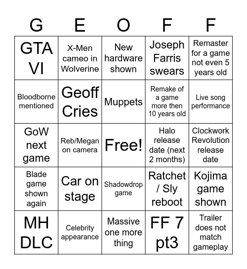E3 Week Bingo Card