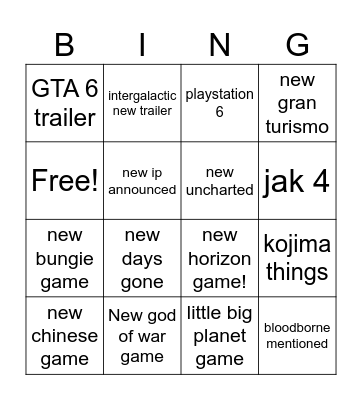 Playstation bingo Card