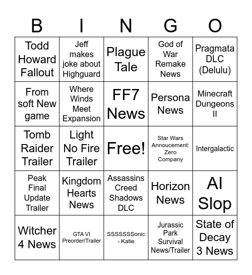 (Basically) E3 Bingo Card
