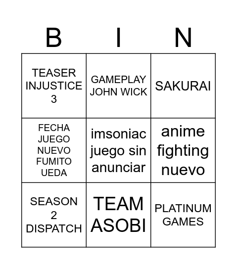 NO-E3 Bingo Card