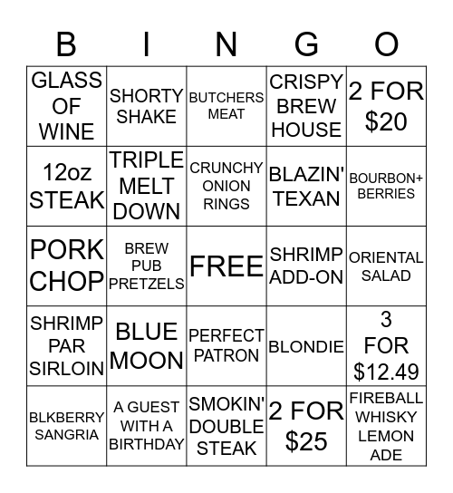 APPLEBEE'S  Bingo Card