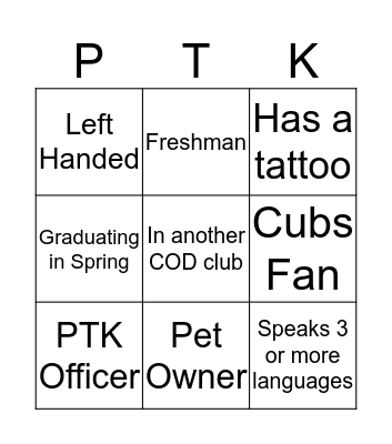 PTK People Bingo! Bingo Card