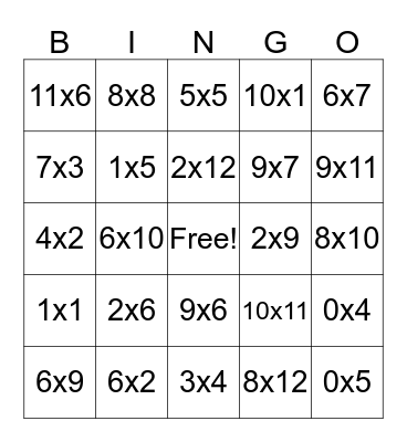 Multiplication Bingo Card