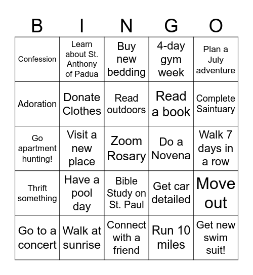 Michaela's June Bingo Card