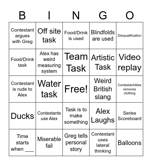 Taskmaster Bingo Card
