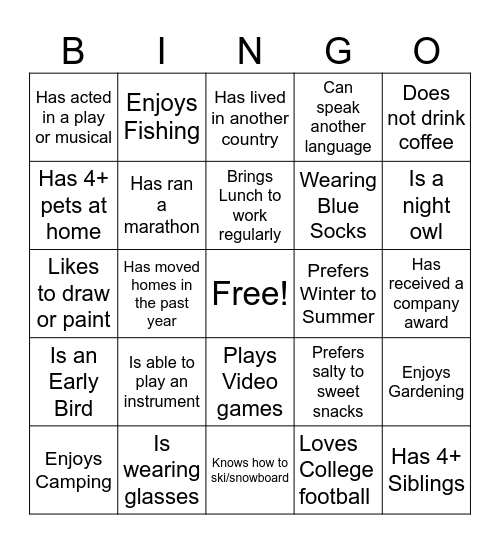 R19 Human Bingo Card