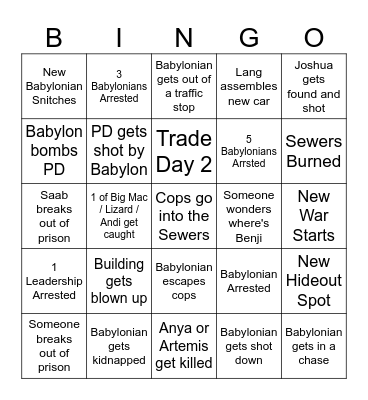 Benji's Break Bingo Card