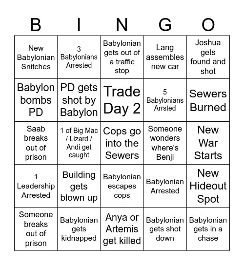 Benji's Break Bingo Card