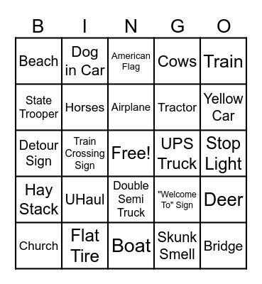 VBS ROAD TRIP Bingo Card
