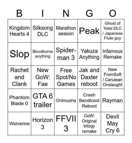 State of Play Bingo Card