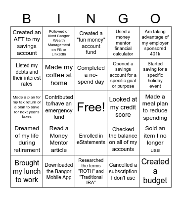 Money Management Bingo Card