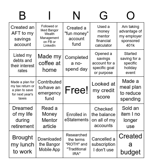 Money Management Bingo Card