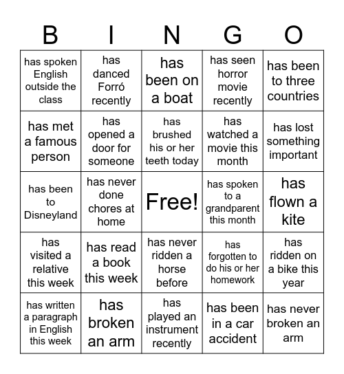 Present Perfect Tense Bingo Card