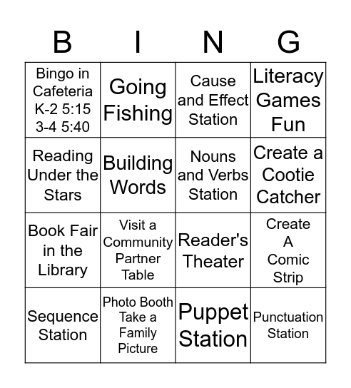 Family Literacy Night Bingo Card