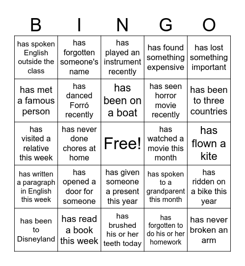 Present Perfect Tense Bingo Card