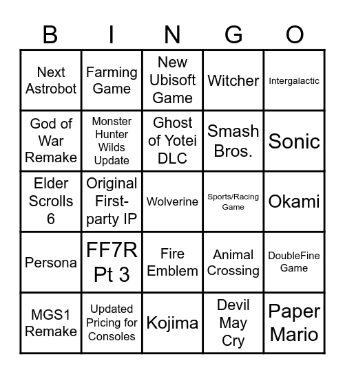 Summer Game Fest Bingo Card
