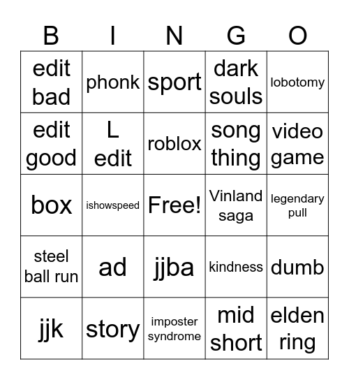 youtube shorts Bingo Card