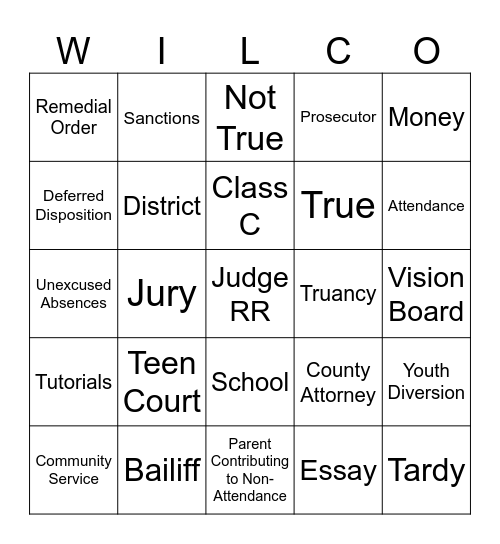 Juvenile Bingo Card