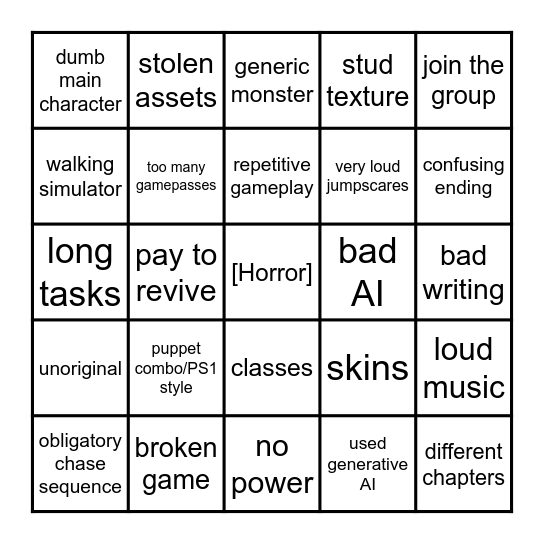 roblox horror slop bingo Card