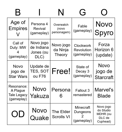 Xbox Showcase 2026 Bingo Card