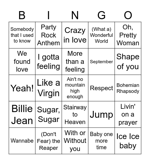 Hits of all time pt 2 Bingo Card