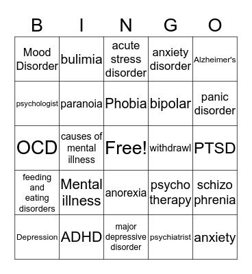 Mental Illness Bingo Card