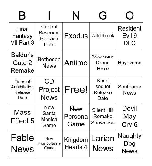 Game Shows Bingo Card