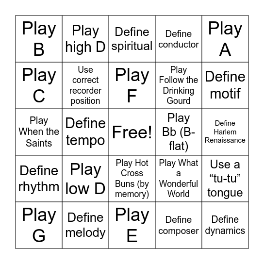 Recorder Bingo Card