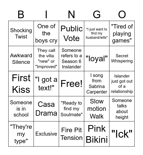 Love Island Bingo Card